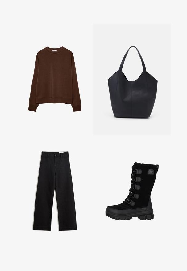 Smeđi dukserica opuštenog kroja, s okruglim izrezom i dugim rukavima. Meko tkanje s rebrastim manžetama i rubom. Bez uzoraka ili akcenta.; Crne široke traperice s visokim strukom, s prednjim i stražnjim džepovima, šivenim šavovima i kopčanjem na gumb. Glatka tekstura.; Crne vodootporne zimske čizme sa velur gornjim dijelom, krznatim ovratnikom i gumenim potplatom. Imaju dizajn sa čipkanjem s heksagonalnim rupama i logotipom.; Crna torba od glatke kože, s zakrivljenim otvorenim vrhom, dva remena za rame i minimalističkim dizajnom.
