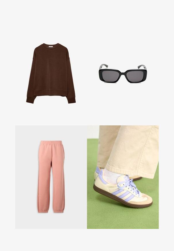 Ruskea huppari, jossa on rento istuvuus, pyöreä kaulus ja pitkät hihat. Pehmeä kangas, jossa on ribattu hihansuut ja helma. Ei kuvioita tai yksityiskohtia.; Vaatekappaleet, joissa on vaaleanpunaiset verkkarit, joissa on joustava vyötärö, kapeat hihnat ja sivusaumadetaileja. Valmistettu pehmeästä materiaalista, suunniteltu mukavuus mielessä.; Kermasilta ja laventelilta näyttävät lenkkarit kolmella raidalla ja teksturoidulla ruskealla pohjalla, varustettuna nauhoilla ja pehmustetulla kantapäällä. Pehmeä kangaspinta.; Mustat suorakulmaiset aurinkolasit tummilla linsseillä, sileä muovikehys ja kaarevat templet. Suunnittelu on jykevä ja minimalistinen.