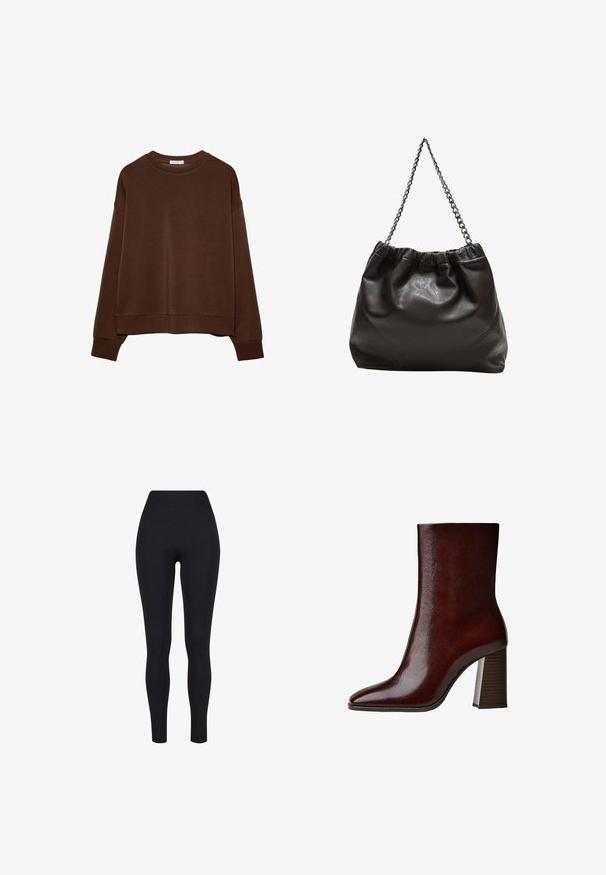 Brun sweatshirt med avslappnad passform, rund halsringning och långa ärmar. Mjukt material med ribbade mudd och fåll. Inga mönster eller detaljer.; Svarta högmidjade leggings, tillverkade av stretchigt tyg, med en slät yta och en kroppsnära design utan synliga sömmar eller mönster.; Brun läderankelboot med spetsig tå, slät yta och en hög blockklack med vertikala spår.; Brun läderväska med rynkad topp och kedjesnodd. Slät textur med en blankslipad yta och subtila sömdetaljer på sidorna.