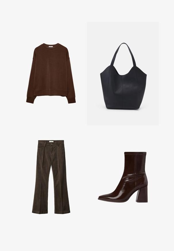 Brązowa bluza z luźnym krojem, okrągłym dekoltem i długimi rękawami. Miękka tkanina z prążkowanymi mankietami i dołem. Bez wzorów ani akcentów.; Brązowe sztruksowe spodnie dzwony o gładkiej fakturze, z pięcioma kieszeniami, zapięciem na guzik i pasek na pas.; Brązowy lakierowany botek sięgający kostki z wydłużonym noskiem, elastycznym ankletem oraz grubym, blokowym obcasem. Elegancki design z gładką fakturą.; Czarna torba na ramię wykonana z gładkiej skóry, z zaokrąglonym, otwartym topem i dwoma paskami na ramię oraz minimalistycznym designem.