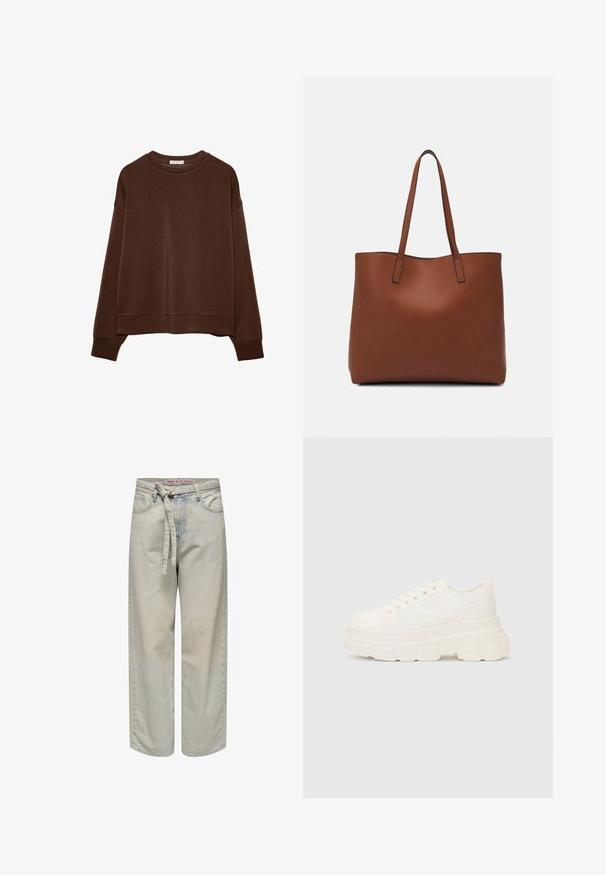 Ruskea huppari, jossa on rento istuvuus, pyöreä kaulus ja pitkät hihat. Pehmeä kangas, jossa on ribattu hihansuut ja helma. Ei kuvioita tai yksityiskohtia.; Vaaleansiniset leveälahkeiset farkut vyötäröllä, jossa on vyö, sisältävät kulutettuja yksityiskohtia ja klassisen viiden taskun suunnittelun, valmistettu farkkukankaasta.; Valkoinen kangaskenkä paksulla pohjalla, pyöreällä kärjellä ja viidellä nauhakuutiolla. Takareunan vipu helpottaa pukemista. Sileä pinta, minimalistinen muotoilu.; Ruskea nahkainen olkalaukku, jossa on sileä pinta, avoin yläosa ja kaksi olkahihnaa. Omaavat vain minimaalisen ompelun eikä näkyvää metalliosaa.