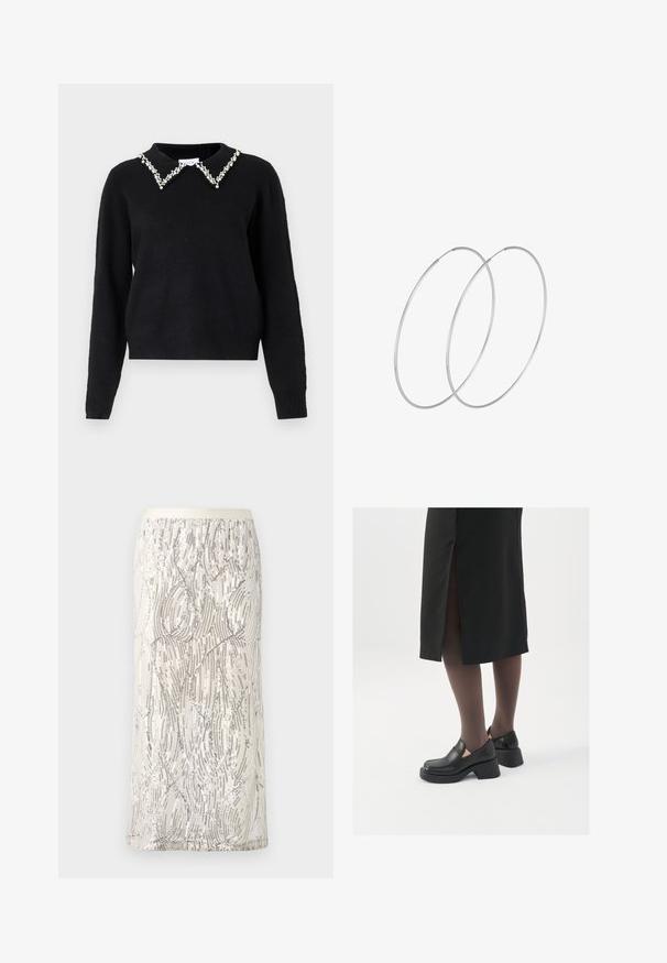VILA VIPEARL O NECK - Svetr - black; Sukně po kolena ze stříbra a slonové kosti se vlnitým vzorem, zdobená flitry a jemnými nitkovými detaily na měkkém materiálu.; Černé kožené boty s kulatou špičkou, silným blokovým podpatkem a elastickými bočními akcenty, spárované s tmavými punčochami a černou sukní se rozparkem.; Stříbrné kruhové náušnice s minimalistickým designem. Kruh, hladký povrch a tenký profil. Lehká konstrukce s lesklým povrchem.