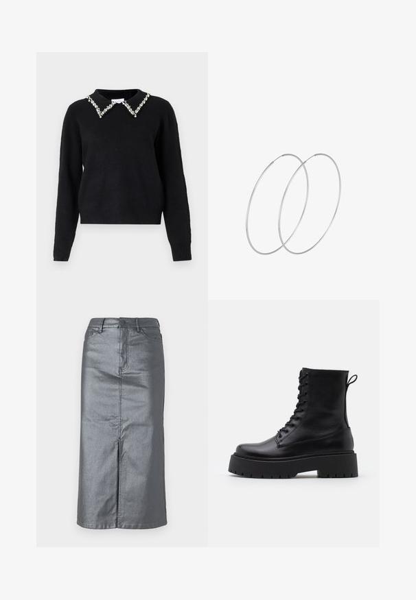 VILA VIPEARL O NECK - Strickpullover - black; Metallisch grauer Jeansrock mit gerader Form, vorderem Schlitz, fünf Taschen-Design und einem Knopfverschluss an der Taille. Flache Nähte sind sichtbar.; Schwarze Lederstiefeletten mit runder Zehenpartie, Schnürung vorne und einer dicken Gummisohle mit strukturiertem Profil. Mit Zugschlaufe an der Rückseite.; Silberne Creolen mit minimalistischem Design. Rundform, glatte Oberfläche und dünnes Profil. Leichtgewichtig mit hochglänzender Oberfläche.