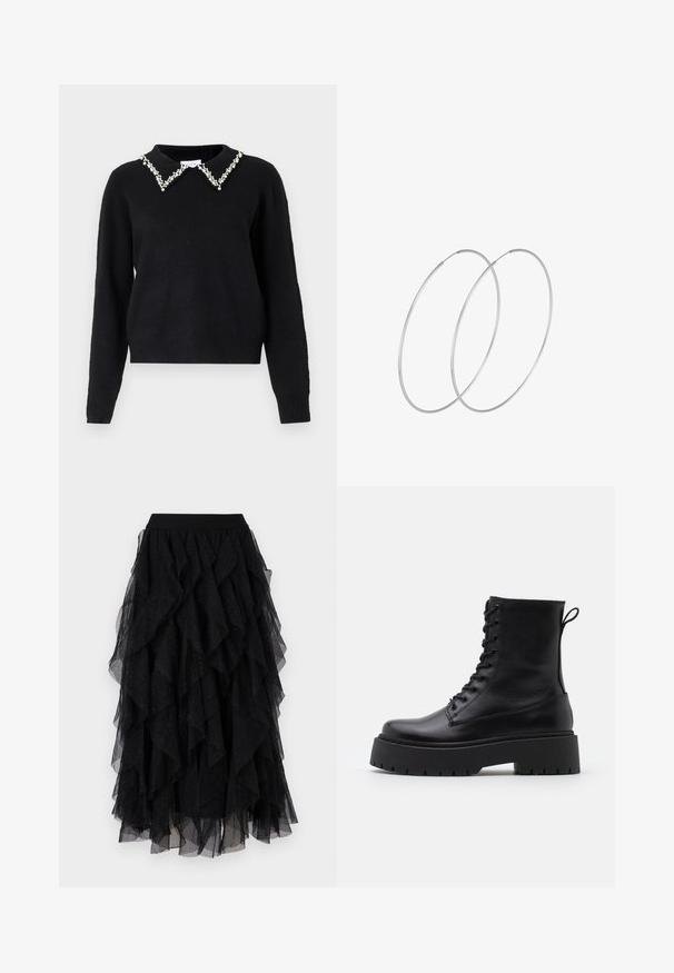 VILA VIPEARL O NECK - Jumper - black; Black tulle skirt featuring layered ruffles, soft texture, and subtle glitter accents. Elastic waistband for a comfortable fit.; Black leather ankle boots with a round toe, lace-up front, and a thick rubber sole featuring a textured tread. Pull tab at the back.; Silver hoop earrings with a minimalist design. Circular shape, smooth texture, and thin profile. Lightweight with a polished finish.