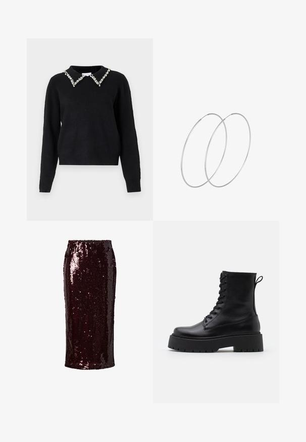 VILA VIPEARL O NECK - Striktrøje - black; Bordeaux pencil skirt med paljetter, der har en tætsiddende silhuet, glat tekstur, knælængde, med en skinnende, reflekterende overflade og uden synlige lukninger.; Sorte læder ankelstøvler med rund tå, snørebånd foran og en tyk gummisål med struktureret slidbane. Hæfteløkke bagpå.; Sølvøreringe med et minimalistisk design. Cirkulær form, glat tekstur og tynd profil. Letvægtige med en poleret overflade.