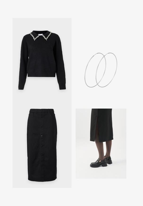 VILA VIPEARL O NECK - Svetr - black; Černá džínsová midi sukně s rovnou siluetou, předním zapínáním na knoflíky a bočními kapsami. Disponuje klasickým designem a robustní texturou.; Černé kožené boty s kulatou špičkou, silným blokovým podpatkem a elastickými bočními akcenty, spárované s tmavými punčochami a černou sukní se rozparkem.; Stříbrné kruhové náušnice s minimalistickým designem. Kruh, hladký povrch a tenký profil. Lehká konstrukce s lesklým povrchem.