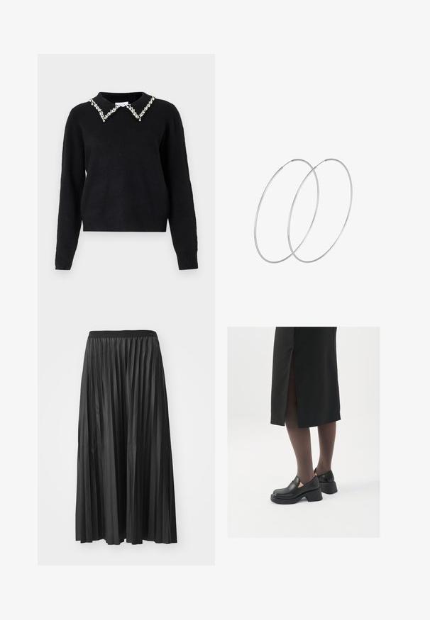 VILA VIPEARL O NECK - Pulover - black; Črna največja krila z naborki in gladko teksturo ter elastičnim pasom, ki vsebuje navpične gube, kar ustvarja volumen in gibanje.; Črne usnjene čevlje s zaobljenim prstom, debelim blokastim petama in elastičnimi stranskimi detajli, v kombinaciji s temno nogavicami in črno krilo z razporkom.; Srebrne uhane v obliki obroča z minimalističnim dizajnom. Krožna oblika, gladka tekstura in tanek profil. Lahki s poliranim zaključkom.