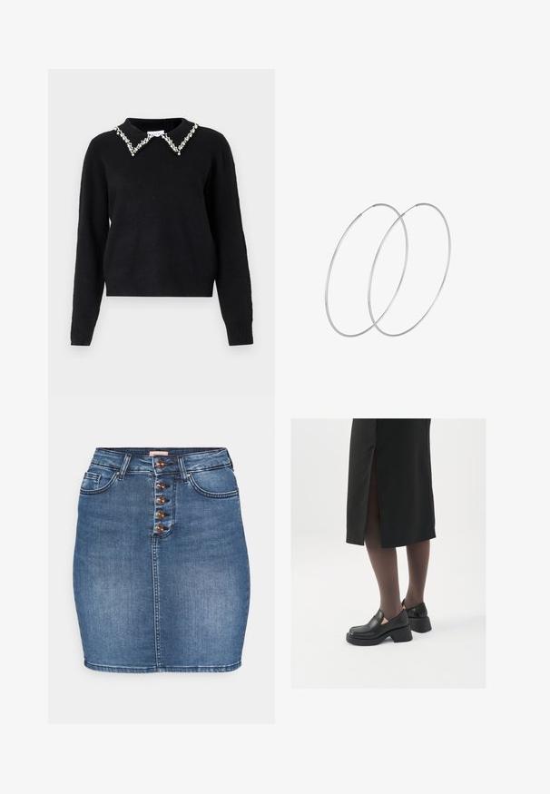 VILA VIPEARL O NECK - Vesta - black; Traper suknja u srednje plavoj boji s prilagođenim krojem. Ima prednje zatvaranje s pet dugmadi, dva prednja džepa i pojačan rub.; Crne kožne cipele s zaobljenim vrhom, debelim blok petama i elastičnim bočnim detaljima, uparene s tamnim čarapama i crnom suknjom s prorezom.; Srebrne okrugle naušnice s minimalističkim dizajnom. Kružni oblik, glatka tekstura i tanak profil. Lagane s poliranim završetkom.