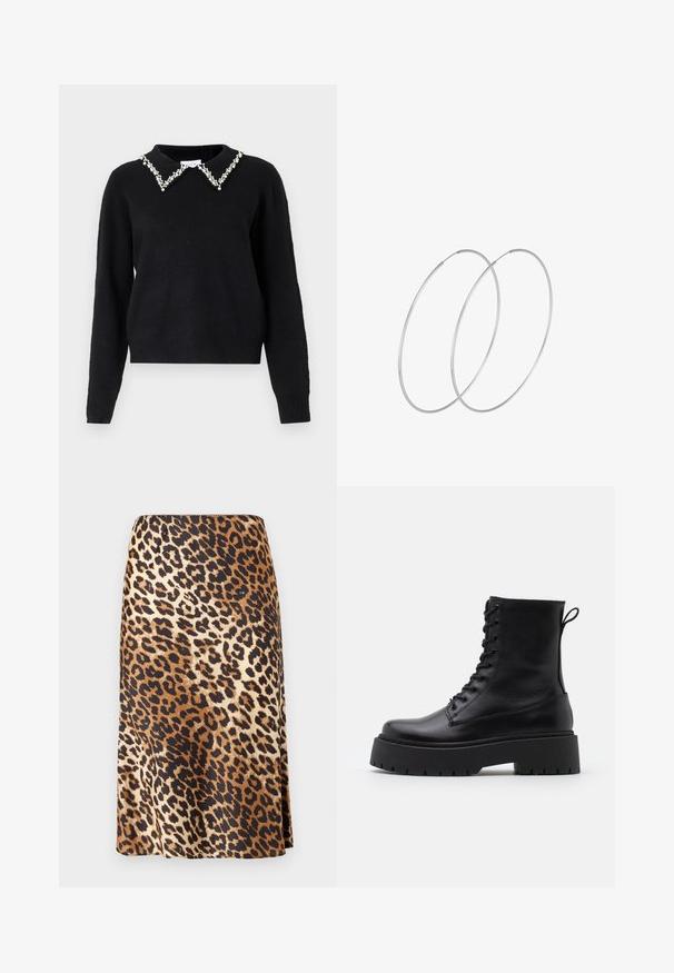 VILA VIPEARL O NECK - Maglione - black; Gonna a stampa leopardata in un tessuto liscio, simile alla seta; presenta un mix di colori marrone, nero e crema con una silhouette a trapezio.; Stivaletti in pelle nera alla caviglia con punta rotonda, lace-up frontale e suola in gomma spessa con battistrada textured. Tassello sul retro.; Orecchini a cerchio in argento con un design minimalista. Forma circolare, superficie liscia e profilo sottile. Leggeri con una finitura lucida.