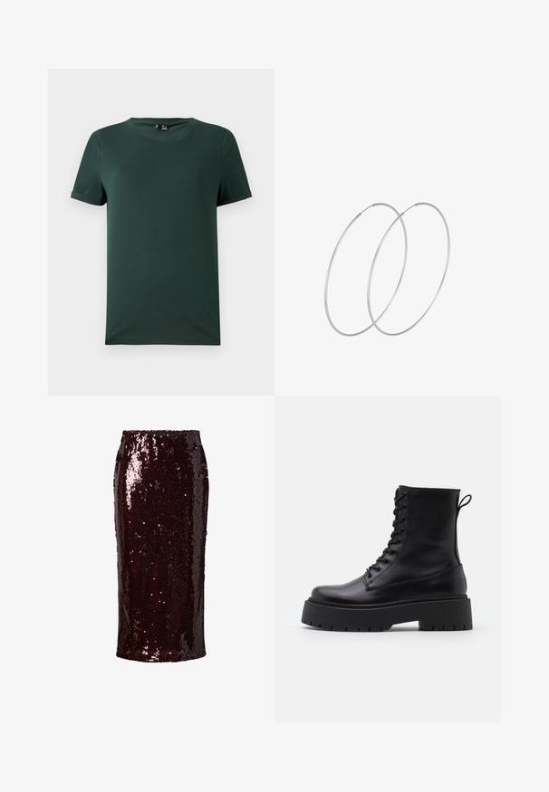 VILA VIPEARL O NECK - Striktrøje - black; Mørkegrøn kortærmet t-shirt med rund hals, lavet af et blødt, glat stof. Har optrukne ærmer og en afslappet pasform.; Bordeaux pencil skirt med paljetter, der har en tætsiddende silhuet, glat tekstur, knælængde, med en skinnende, reflekterende overflade og uden synlige lukninger.; Sorte læder ankelstøvler med rund tå, snørebånd foran og en tyk gummisål med struktureret slidbane. Hæfteløkke bagpå.; Sølvøreringe med et minimalistisk design. Cirkulær form, glat tekstur og tynd profil. Letvægtige med en poleret overflade.