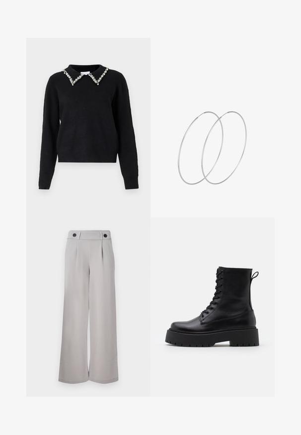 VILA VIPEARL O NECK - Maglione - black; Pantaloni a gamba larga grigio chiaro realizzati in tessuto liscio, con vita piatta, due pinces e due bottoni neri in vita.; Stivaletti in pelle nera alla caviglia con punta rotonda, lace-up frontale e suola in gomma spessa con battistrada textured. Tassello sul retro.; Orecchini a cerchio in argento con un design minimalista. Forma circolare, superficie liscia e profilo sottile. Leggeri con una finitura lucida.