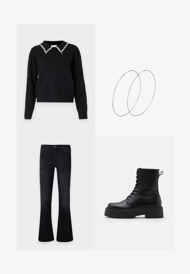 VILA VIPEARL O NECK - Strickpullover - black; Schwarze Bootcut-Jeans aus Denim, mit einem mittelhohen Bund, Verzierungen auf der Vorderseite und einem klassischen Fünf-Taschen-Design.; Schwarze Lederstiefeletten mit runder Zehenpartie, Schnürung vorne und einer dicken Gummisohle mit strukturiertem Profil. Mit Zugschlaufe an der Rückseite.; Silberne Creolen mit minimalistischem Design. Rundform, glatte Oberfläche und dünnes Profil. Leichtgewichtig mit hochglänzender Oberfläche.