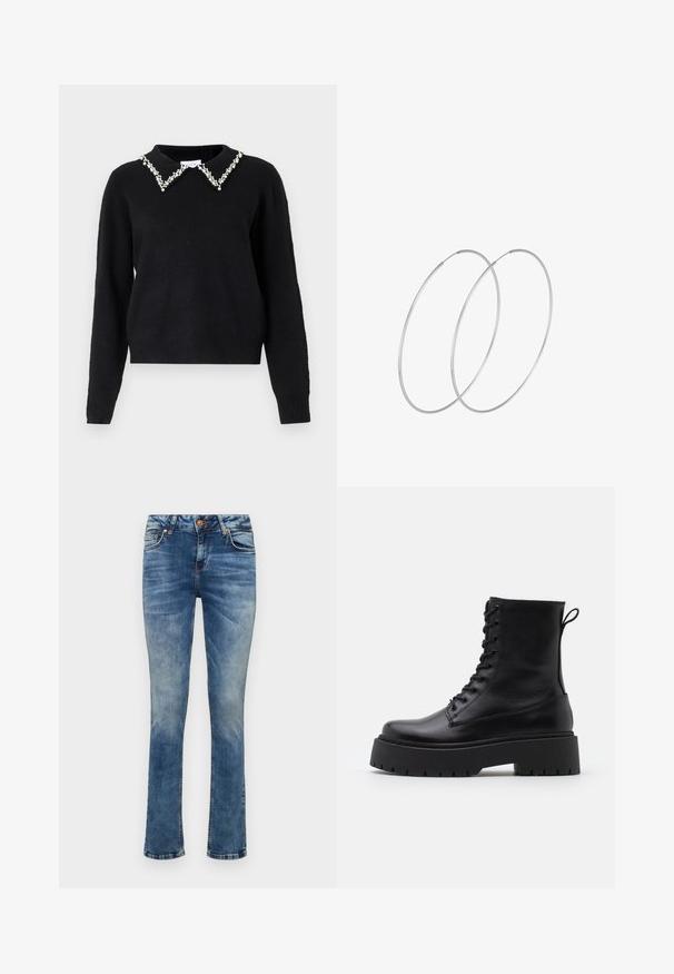 VILA VIPEARL O NECK - Vesta - black; Svijetloplave traperice s ravnim nogavicama, s prednjim kopčanjem na gumb, pet džepova i suptilnim isbljeđenjima.; Crne kožne gležnjače s okruglim vrhom, vezanjem sprijeda i debelim gumenim potplatom s teksturiranim uzorkom. Tipa: traka za vuču na stražnjoj strani.; Srebrne okrugle naušnice s minimalističkim dizajnom. Kružni oblik, glatka tekstura i tanak profil. Lagane s poliranim završetkom.