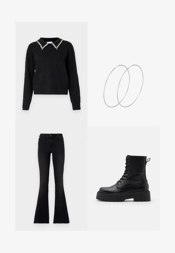 VILA VIPEARL O NECK - Strickpullover - black; Schwarze, ausgestellte Jeans aus Denim. Hohe Taille mit einem Knopfverschluss, elegantes Design und ausgeprägte, ausgestellte Beine am Saum.; Schwarze Lederstiefeletten mit runder Zehenpartie, Schnürung vorne und einer dicken Gummisohle mit strukturiertem Profil. Mit Zugschlaufe an der Rückseite.; Silberne Creolen mit minimalistischem Design. Rundform, glatte Oberfläche und dünnes Profil. Leichtgewichtig mit hochglänzender Oberfläche.