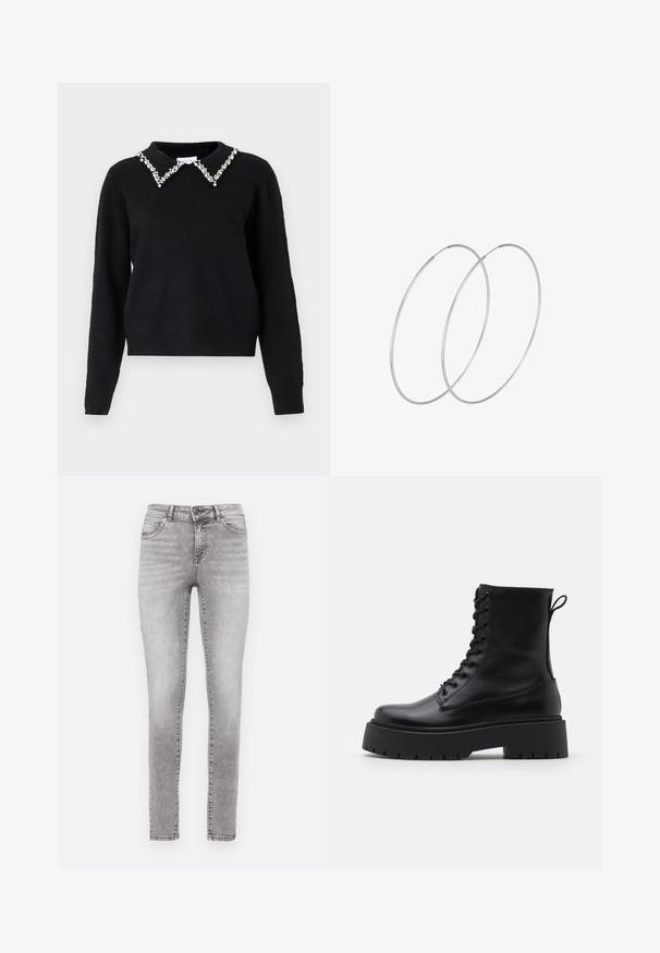 VILA VIPEARL O NECK - Svetr - black; Hubené džíny v bledě šedém odstínu, vyrobené z denimu. Mají zapínání na knoflík a zip, pět kapes a jemný efekt žmolkování.; Černé kožené kotníkové boty s kulatou špičkou, šněrováním na přední straně a silnou gumovou podešví s texturovaným vzorkem. S poutkem vzadu.; Stříbrné kruhové náušnice s minimalistickým designem. Kruh, hladký povrch a tenký profil. Lehká konstrukce s lesklým povrchem.