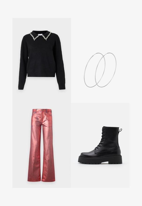 VILA VIPEARL O NECK - Džemper - black; Kirkas punane metallik lai säärega teksapüksid läikiva viimistlusega, viie taskuga disain ja õmblustooted. Omab nupuvärvi ja tõmblukuga sulgemist.; Mustad mustad nahast pahkluu saapad ümarate varvastega, nööridega esiosas ja paksu kummist talla ning tekstuuritud mustriga. Tagumine tõmbeaas.; Hõbedased rõngastikkaehingad minimalistlikus disainis. Ümar kuju, sile tekstuur ja õhuke profiil. Kerged ning poleeritud viimistlusega.