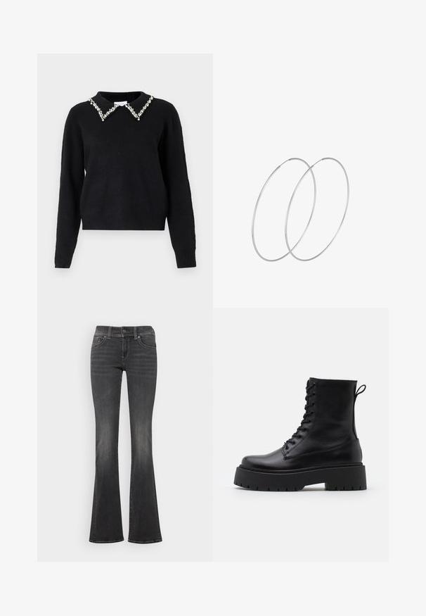 VILA VIPEARL O NECK - Svetr - black; Tmavě šedé džíny z denimu s jemně vybledlým povrchem, středně vysokým pasem, zapínáním na knoflík a mírným rozšířením na lemech.; Černé kožené kotníkové boty s kulatou špičkou, šněrováním na přední straně a silnou gumovou podešví s texturovaným vzorkem. S poutkem vzadu.; Stříbrné kruhové náušnice s minimalistickým designem. Kruh, hladký povrch a tenký profil. Lehká konstrukce s lesklým povrchem.