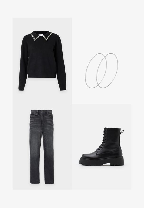 VILA VIPEARL O NECK - Džemperis - black; Melnas džinsi ar taisnu kāju dizainu, kurus rotā priekšējās kabatas, poga slēgšanai un viegla novecošana.; Melni ādas potītēm zābaki ar apļveida purngalu, auklām priekšpusē un biezu gumijas zoli ar teksturētu protektoru. Velkšanas cilpa aizmugurē.; Sudraba gredzenveida auskari ar minimālistisku dizainu. Cirkulāra forma, gluda tekstūra un plāns profils. Vieglu svaru ar spīdīgu apdari.