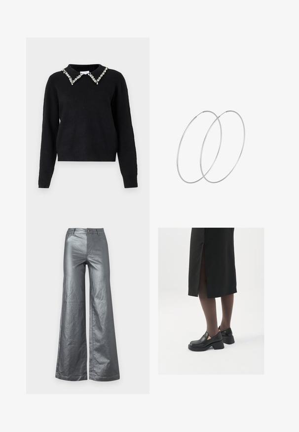 VILA VIPEARL O NECK - Jersey de punto - black; Pantalones de pierna ancha en tejido metálico plateado brillante. Cuenta con bolsillos frontales, cierre de botón y dobladillos rectos. Textura suave y diseño elegante.; Zapatos de piel negra con punta redondeada, tacón grueso y bloque, y acentos elásticos en los laterales, combinados con unos pantys oscuros y una falda negra con una abertura.; Pendientes de aro plateados con un diseño minimalista. Forma circular, textura suave y perfil delgado. Livianos con un acabado pulido.