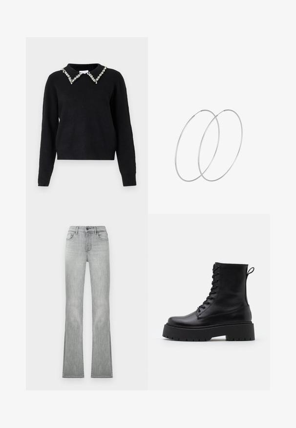 VILA VIPEARL O NECK - Džemperis - black; Šviesiai pilki platėjantys džinsai su lygiu džinsinio audinio tekstūra, turintys priekinės kišenes ir mygtuko uždarymą. Pasienis turi šoninius įpjovimus, suteikiančius papildomą detalę.; Juodos odinės aulinukės su apvalia nosimi, raišteliais priekyje ir storesniu guminio pado apačioje su tekstūruotu raštu. Priekyje yra kilputė.; Sidabrinės pusmėnulio auskarai minimalistiniu dizainu. Apskritimo forma, lygus paviršius ir plonas profilis. Lengvi su poliruotu apdailu.