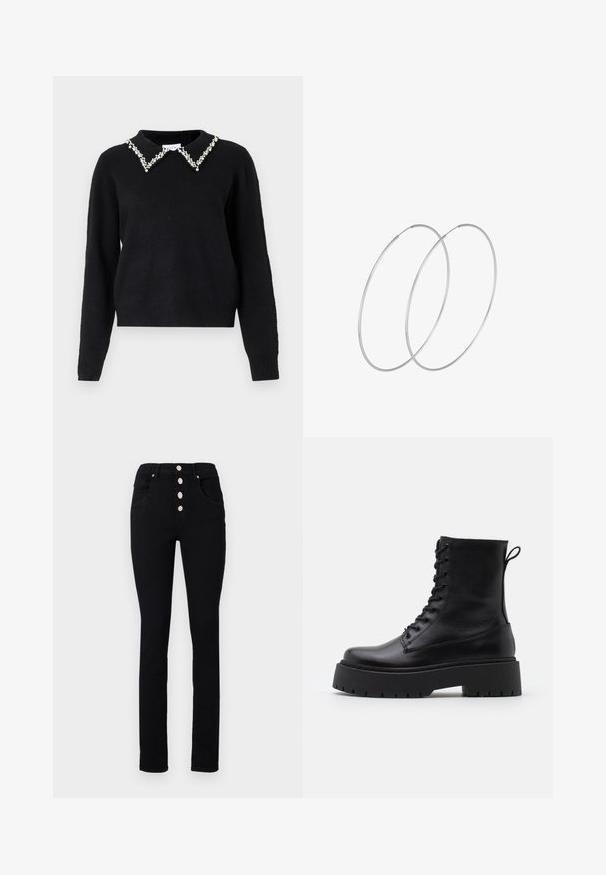 VILA VIPEARL O NECK - Jumper - black; Black high-waisted jeans with a slim fit, featuring five silver snap buttons, and front pockets. Smooth denim texture without patterns.; Black leather ankle boots with a round toe, lace-up front, and a thick rubber sole featuring a textured tread. Pull tab at the back.; Silver hoop earrings with a minimalist design. Circular shape, smooth texture, and thin profile. Lightweight with a polished finish.