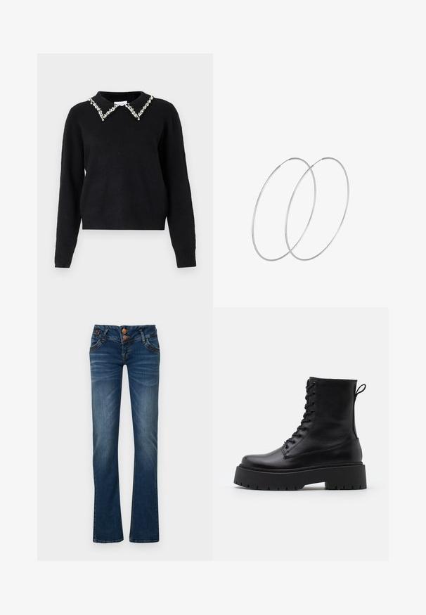 VILA VIPEARL O NECK - Pulover - black; Temno modri bootcut jeans z dvema sprednjima gumboma, petimi žepi in subtilnim zbledenjem na stegnih in kolenih.; Črne usnjene gležnjarje z okroglo konico, vezalnim sprednjim delom in debelim gumijastim podplatom z teksturiranim profilom. Zanka na hrbtni strani.; Srebrne uhane v obliki obroča z minimalističnim dizajnom. Krožna oblika, gladka tekstura in tanek profil. Lahki s poliranim zaključkom.