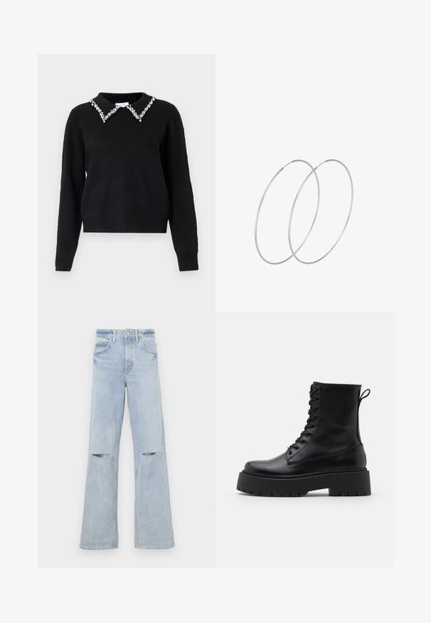 VILA VIPEARL O NECK - Pulover - black; Svjetloplave široke traperice s razdrapanim otvarima na koljenima, visokog struka i klasičnim dizajnom s pet džepova. Izrađene su od denima s mekanom teksturom.; Črne usnjene gležnjarje z okroglo konico, vezalnim sprednjim delom in debelim gumijastim podplatom z teksturiranim profilom. Zanka na hrbtni strani.; Srebrne uhane v obliki obroča z minimalističnim dizajnom. Krožna oblika, gladka tekstura in tanek profil. Lahki s poliranim zaključkom.