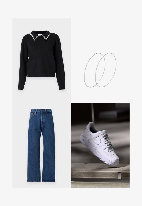 VILA VIPEARL O NECK - Pulover - black; Široke modre kavbojke iz denima z zbledele pranja, z gumbom za zapiranje, zankami za pas in petimi žepi za shranjevanje.; Bela superga Nike Air Force 1, ki lebdi nad betonsko površino s sencami v minimalističnem okolju.; Srebrne uhane v obliki obroča z minimalističnim dizajnom. Krožna oblika, gladka tekstura in tanek profil. Lahki s poliranim zaključkom.