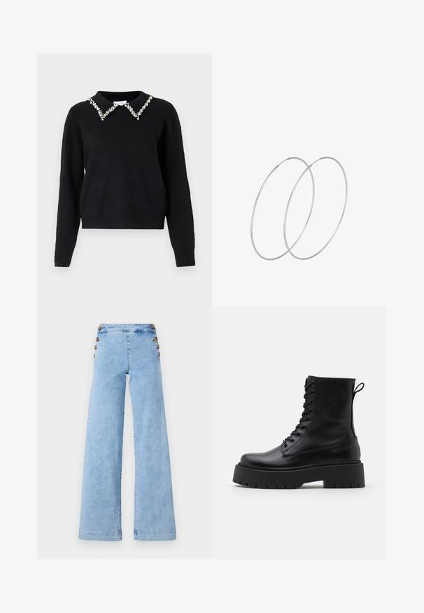VILA VIPEARL O NECK - Stickad tröja - black; Ljusblå denimjeans med vida ben och hög midja, med metallknappar längs sidorna och en slät, lätt slitna yta.; Svarta läderankelboots med rund tå, snörning framtill och en tjock gummisula med strukturerat mönster. Dragflik bak.; Silverfärgade hoopörhängen med en minimalistisk design. Cirkulär form, slät yta och tunn profil. Lätta med en polerad finish.