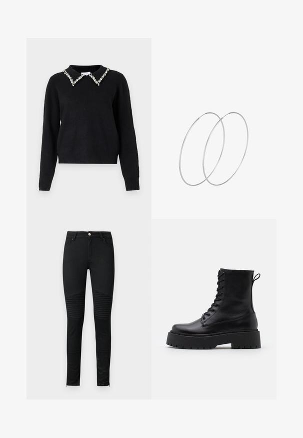 VILA VIPEARL O NECK - Džemperis - black; Melnas šaurās džinsās ar gludu džinsu tekstūru, ribotām akcentiem uz ceļiem un ar rāvējslēdzējiem aprīkotām piedurknēm, lai nodrošinātu pieguļošu dizainu.; Melni ādas potītēm zābaki ar apļveida purngalu, auklām priekšpusē un biezu gumijas zoli ar teksturētu protektoru. Velkšanas cilpa aizmugurē.; Sudraba gredzenveida auskari ar minimālistisku dizainu. Cirkulāra forma, gluda tekstūra un plāns profils. Vieglu svaru ar spīdīgu apdari.