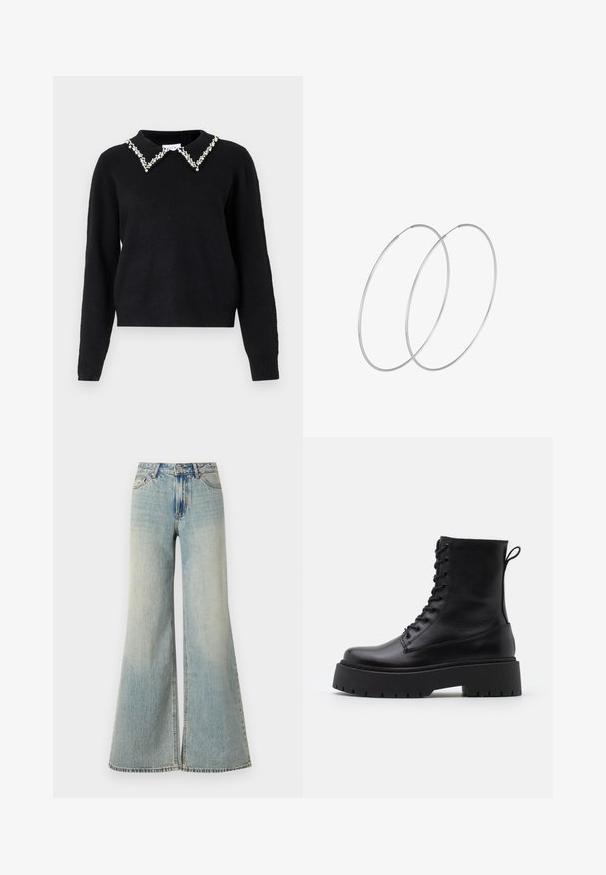 VILA VIPEARL O NECK - Vesta - black; Svijetloplave široke traperice visokog struka, s izgubljenim izdanjem, prednjim džepovima i suptilnim razdjelom na dnu nogavica.; Crne kožne gležnjače s okruglim vrhom, vezanjem sprijeda i debelim gumenim potplatom s teksturiranim uzorkom. Tipa: traka za vuču na stražnjoj strani.; Srebrne okrugle naušnice s minimalističkim dizajnom. Kružni oblik, glatka tekstura i tanak profil. Lagane s poliranim završetkom.