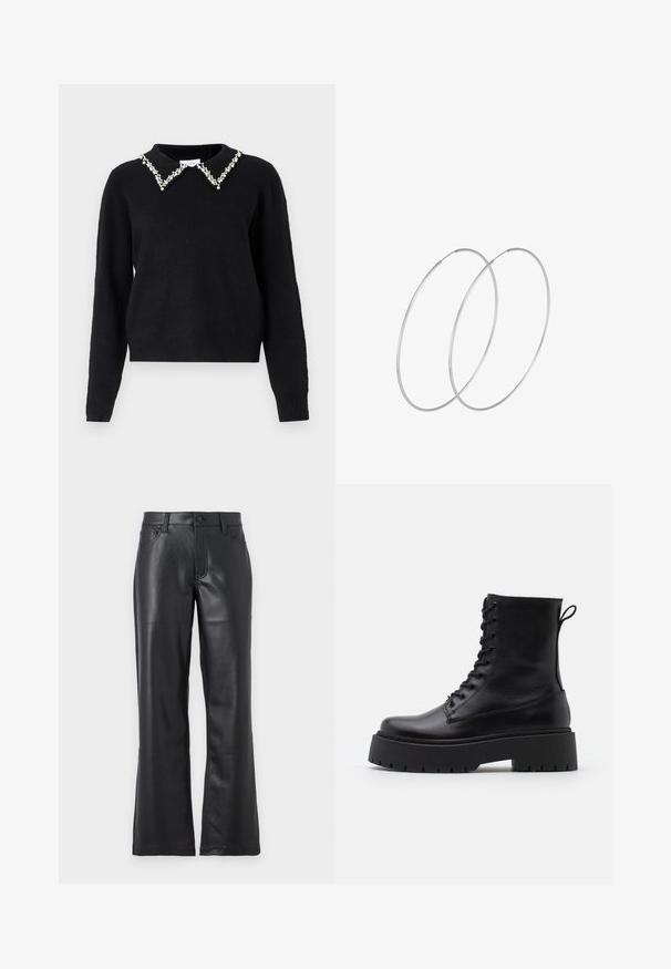 VILA VIPEARL O NECK - Pullover - black; Pantalon en cuir noir avec un design évasé, doté de poches avant, passants de ceinture et d'une fermeture à bouton. Texture lisse avec des coutures visibles.; Bottines en cuir noir avec un bout rond, un laçage à l'avant et une épaisse semelle en caoutchouc dotée d'un motif texturé. Tirer au dos.; Boucles d'oreilles en argent au design minimaliste. Forme circulaire, texture lisse et profil fin. Légères avec une finition polie.