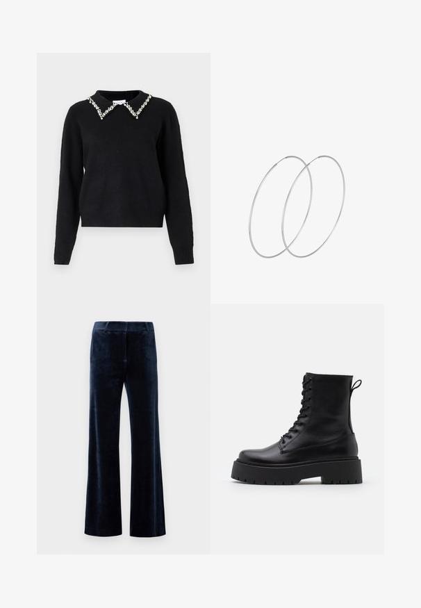 VILA VIPEARL czarny; Granatowe spodnie w kształcie dzwonów, wykonane z miękkiego weluru. Charakteryzują się gładką fakturą, dopasowanym pasem i czystymi krawędziami. Brak widocznych elementów metalowych lub wzorów.; Czarne skórzane botki za kostkę z okrągłym noskiem, sznurówką z przodu i grubą gumową podeszwą z teksturowanym bieżnikiem. Pętelka do zakładania z tyłu.; Srebrne kolczyki w formie obręczy o minimalistycznym designie. Okrągły kształt, gładka faktura i cienki profil. Lekkie, z polerowanym wykończeniem.
