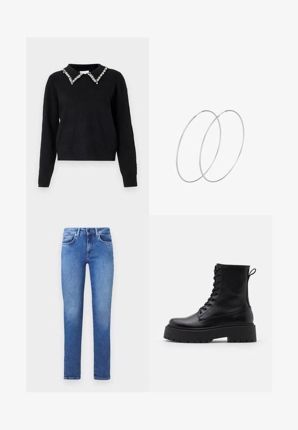 VILA VIPEARL O NECK - Vesta - black; Plave traperice s ravnim nogavicama, dizajn s pet džepova i zatvaranjem na gumbe. Tkanina je glatke teksture s blagim izbljeđivanjem.; Crne kožne gležnjače s okruglim vrhom, vezanjem sprijeda i debelim gumenim potplatom s teksturiranim uzorkom. Tipa: traka za vuču na stražnjoj strani.; Srebrne okrugle naušnice s minimalističkim dizajnom. Kružni oblik, glatka tekstura i tanak profil. Lagane s poliranim završetkom.