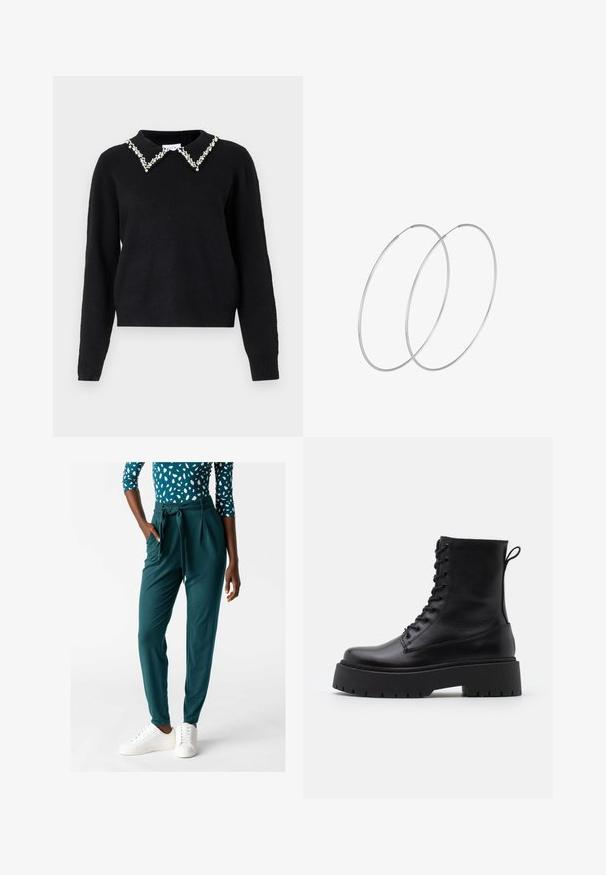 VILA VIPEARL O NECK - Trui - black; Teal broek met plooien aan de voorkant en een strikceintuur, gemaakt van zachte stof. Gecombineerd met witte sneakers. Model poseert met één hand in de zak.; Zwarte leren enkelboots met een ronde neus, vetersluiting aan de voorkant en een dikke rubberen zool met een gestructureerd profiel. Trekbandje aan de achterkant.; Zilveren hoepel oorbellen met een minimalistisch ontwerp. Cirkelvormig, gladde textuur en dun profiel. Lichtgewicht met een gepolijste afwerking.