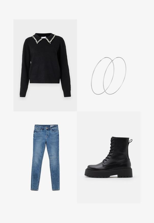 VILA VIPEARL O NECK - Džemperis - black; Šauri džinsi, kas izgatavoti no gaismas zila auduma, ar piecām kabatām, ar rāvējslēdzēju un smalkiem izbalējuma detaļām.; Melni ādas potītēm zābaki ar apļveida purngalu, auklām priekšpusē un biezu gumijas zoli ar teksturētu protektoru. Velkšanas cilpa aizmugurē.; Sudraba gredzenveida auskari ar minimālistisku dizainu. Cirkulāra forma, gluda tekstūra un plāns profils. Vieglu svaru ar spīdīgu apdari.