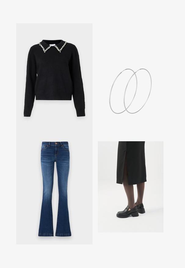 VILA VIPEARL O NECK - Stickad tröja - black; Bredvid blå jeans tillverkade av denim, med en medelhög midja, fem fickor och kontrasterande sömmar längs sömmarna.; Svarta läderskor med rund tå, tjock klack utan häl och elastiska sidodetaljer, kombinerat med mörka strumpbyxor och en svart kjol med slits.; Silverfärgade hoopörhängen med en minimalistisk design. Cirkulär form, slät yta och tunn profil. Lätta med en polerad finish.