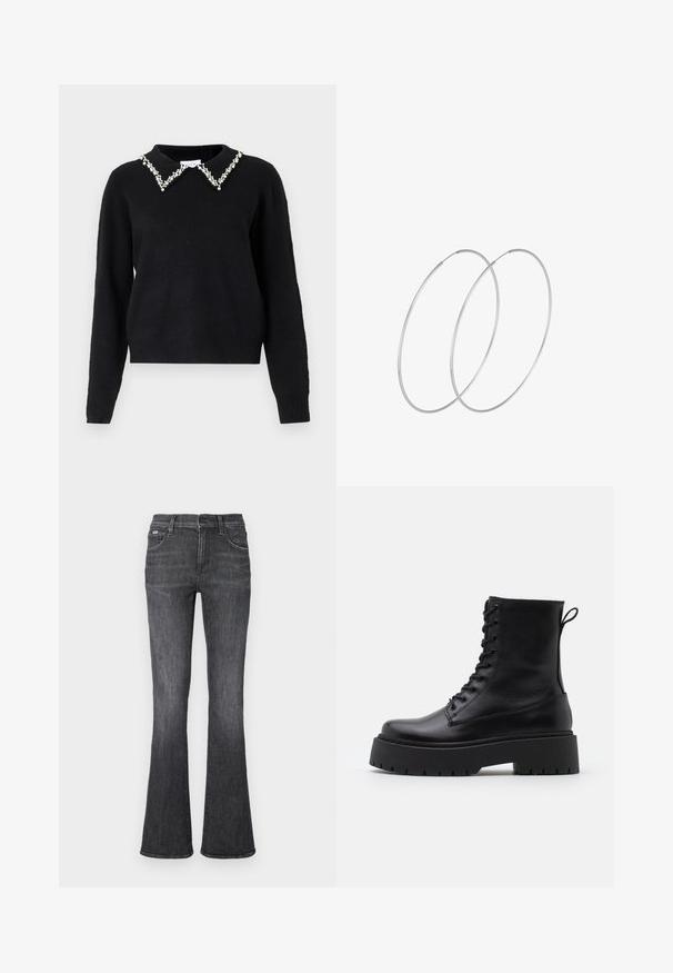 VILA VIPEARL O NECK - Džemper - black; Tumedates denimist laiad lõhikud, millel on sile tekstuur, viie taskuga disain ja nööbiga sulgemine vööl.; Mustad mustad nahast pahkluu saapad ümarate varvastega, nööridega esiosas ja paksu kummist talla ning tekstuuritud mustriga. Tagumine tõmbeaas.; Hõbedased rõngastikkaehingad minimalistlikus disainis. Ümar kuju, sile tekstuur ja õhuke profiil. Kerged ning poleeritud viimistlusega.