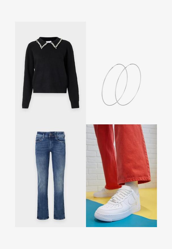 VILA VIPEARL O NECK - Džemperis - black; Denim bikses vidējā zilā krāsā ar nelielu izbalējumu. Iezīmes standarta piecu kabatu dizains un rāvējslēdzēja josta ar pogu aizdari. Taisnas kājas griezums.; Baltās ādas kedas ar perforētu purngalu, teksturētu zoli un baltām auklām, apvienotas ar platām sarkanām biksēm un zilu un dzeltenu fona.; Sudraba gredzenveida auskari ar minimālistisku dizainu. Cirkulāra forma, gluda tekstūra un plāns profils. Vieglu svaru ar spīdīgu apdari.