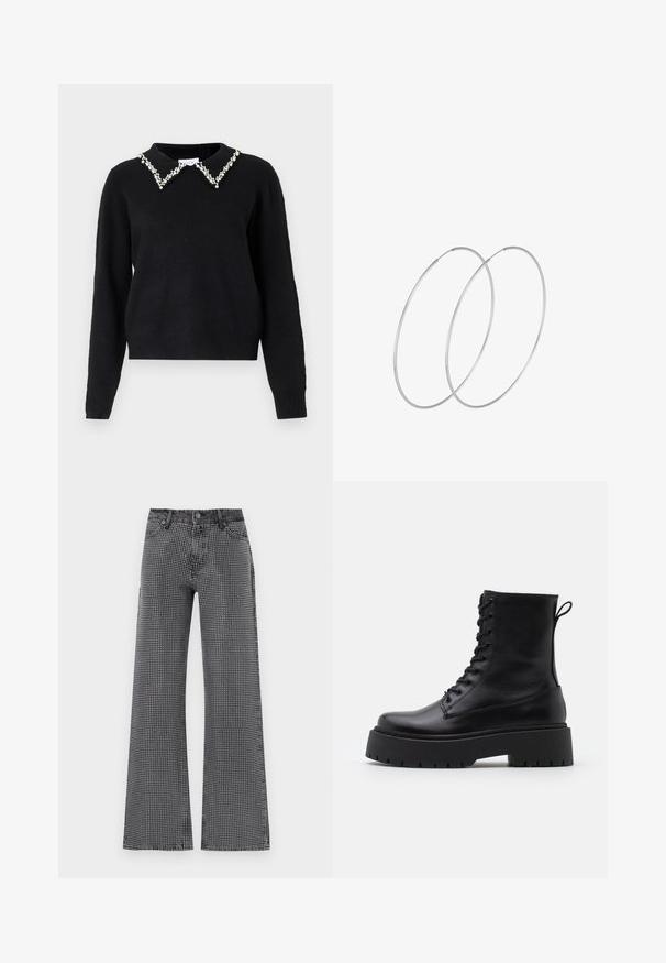 VILA VIPEARL O NECK - Neule - black; Levevikkuiset farkut mustasta denimistä, jossa on valkoisia pilkkuja; klassinen viiden taskun muotoilu ja nappisulku.; Musta nahkainen nilkkureita, joissa on pyöreä kärki, nauhakiinnitys edessä ja paksu kumipohja, jossa on teksturoitu pinta. Takana vetotappi.; Hopehope hopeilla, joissa on minimalistinen muotoilu. Pyöreä muoto, sileä pinta ja ohut profiili. Kevyet ja kiillotetut.