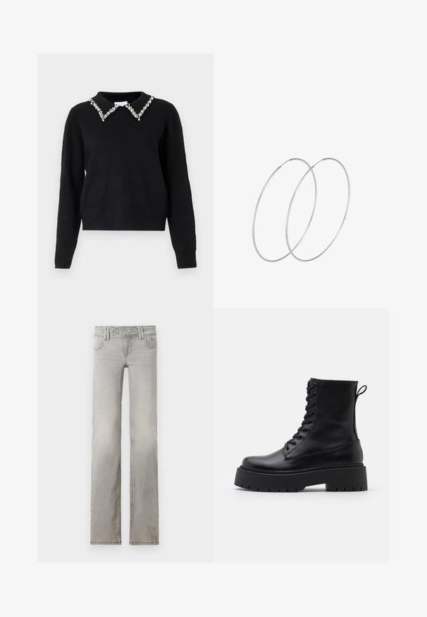 VILA VIPEARL O NECK - Strickpullover - black; Hellgraue Jeans mit geradem Schnitt, hergestellt aus Denim. Verfügt über zwei vordere Taschen, einen Hosenbund mit zwei Knöpfen und sichtbaren Nähten.; Schwarze Lederstiefeletten mit runder Zehenpartie, Schnürung vorne und einer dicken Gummisohle mit strukturiertem Profil. Mit Zugschlaufe an der Rückseite.; Silberne Creolen mit minimalistischem Design. Rundform, glatte Oberfläche und dünnes Profil. Leichtgewichtig mit hochglänzender Oberfläche.