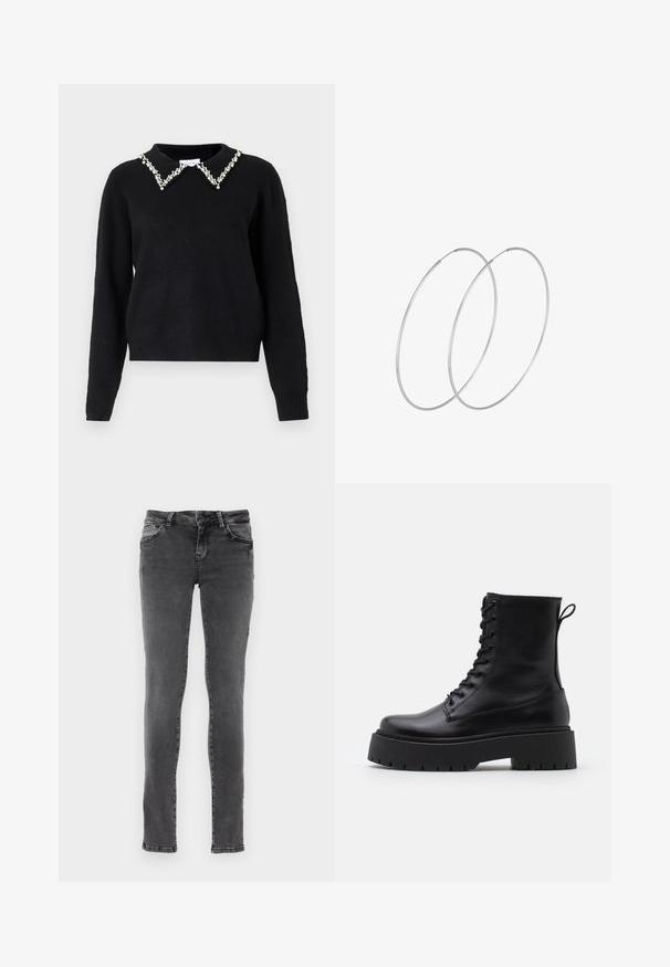 VILA VIPEARL O NECK - Neule - black; Kape slim-fit farkut tummanharmaasta denimmateriaalista, joissa on hienovaraisia haalistumia, viisi taskua ja erottuva ommel saumoissa. Varustettu vetoketjulla.; Musta nahkainen nilkkureita, joissa on pyöreä kärki, nauhakiinnitys edessä ja paksu kumipohja, jossa on teksturoitu pinta. Takana vetotappi.; Hopehope hopeilla, joissa on minimalistinen muotoilu. Pyöreä muoto, sileä pinta ja ohut profiili. Kevyet ja kiillotetut.