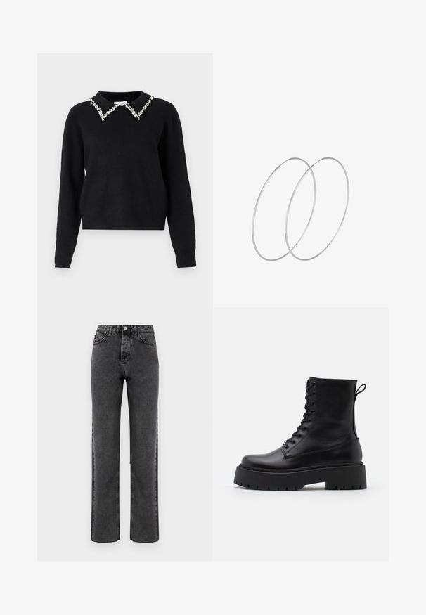 VILA VIPEARL O NECK - Vesta - black; Sive traperice ravnog kroja s izblijedjelim završetkom, pet džepova i zatvaranjem na gumb. Ima klasične šavove duž rubova.; Crne kožne gležnjače s okruglim vrhom, vezanjem sprijeda i debelim gumenim potplatom s teksturiranim uzorkom. Tipa: traka za vuču na stražnjoj strani.; Srebrne okrugle naušnice s minimalističkim dizajnom. Kružni oblik, glatka tekstura i tanak profil. Lagane s poliranim završetkom.