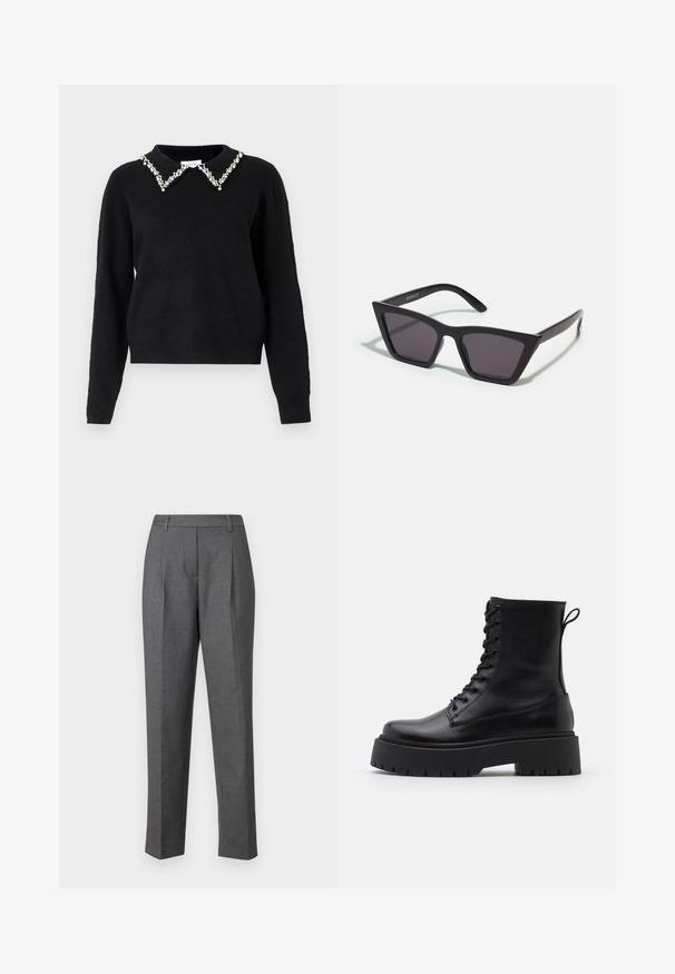 VILA VIPEARL O NECK - Maglione - black; Pantaloni grigi su misura caratterizzati da una texture liscia, design a gamba dritta e pieghe frontali. Realizzati in un tessuto leggero con un motivo sottile.; Stivaletti in pelle nera alla caviglia con punta rotonda, lace-up frontale e suola in gomma spessa con battistrada textured. Tassello sul retro.; Occhiali da sole neri e angolari con lenti grigie; realizzati in plastica, con aste spesse dalla superficie liscia e senza hardware visibile.; Orecchini a cerchio in argento con un design minimalista. Forma circolare, superficie liscia e profilo sottile. Leggeri con una finitura lucida.