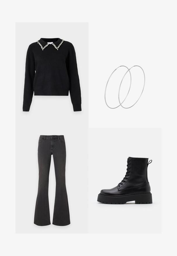 VILA VIPEARL O NECK - Stickad tröja - black; Svarta utsvängda jeans i denim med en åtsittande midja, fem fickor och en ren, enkel design med en slät textur.; Svarta läderankelboots med rund tå, snörning framtill och en tjock gummisula med strukturerat mönster. Dragflik bak.; Silverfärgade hoopörhängen med en minimalistisk design. Cirkulär form, slät yta och tunn profil. Lätta med en polerad finish.