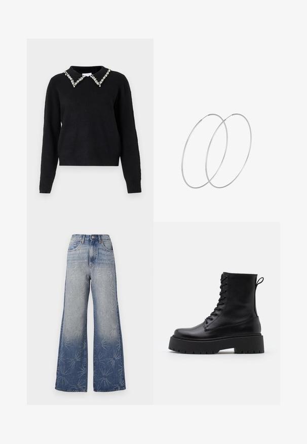 VILA VIPEARL O NECK - Džemperis - black; Šviesiai mėlyni plataus kirpimo džinsai su sidabro žvaigždžių blyksnių raštais. Aukštas liemuo su mygtuko uždarymu ir klasikinis penkių kišenių dizainas.; Juodos odinės aulinukės su apvalia nosimi, raišteliais priekyje ir storesniu guminio pado apačioje su tekstūruotu raštu. Priekyje yra kilputė.; Sidabrinės pusmėnulio auskarai minimalistiniu dizainu. Apskritimo forma, lygus paviršius ir plonas profilis. Lengvi su poliruotu apdailu.