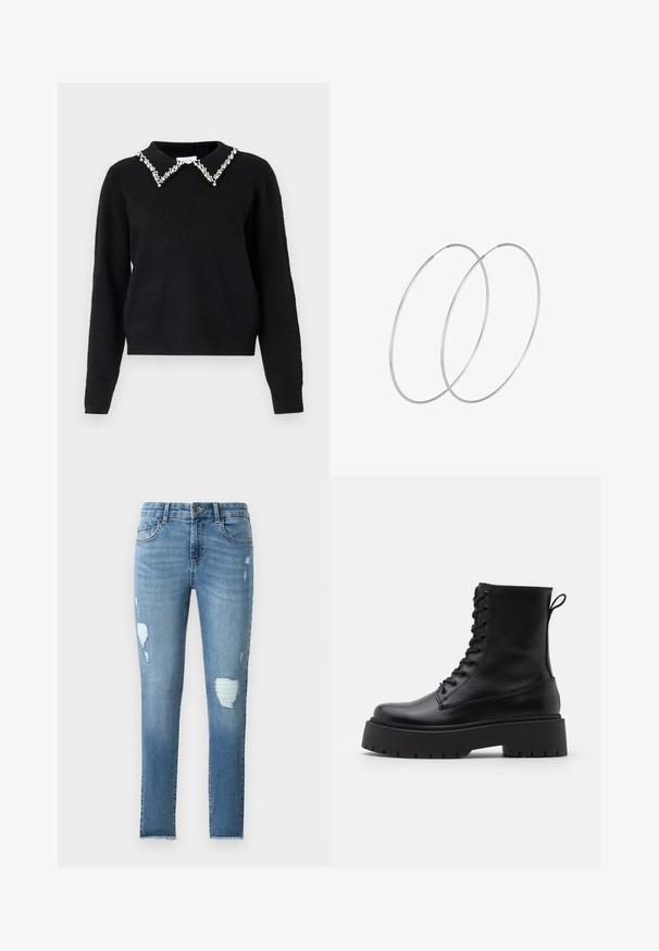 VILA VIPEARL O NECK - Vesta - black; Mršave traperice svijetloplave boje s poderanim mrljama, izblijedjelim dijelovima i stršastim rubovima. Imaju tradicionalni dizajn s pet džepova.; Crne kožne gležnjače s okruglim vrhom, vezanjem sprijeda i debelim gumenim potplatom s teksturiranim uzorkom. Tipa: traka za vuču na stražnjoj strani.; Srebrne okrugle naušnice s minimalističkim dizajnom. Kružni oblik, glatka tekstura i tanak profil. Lagane s poliranim završetkom.