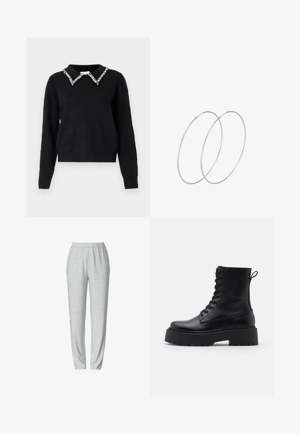 VILA VIPEARL O NECK - Jumper - black; Gray sweatpants with an elastic waistband, tapered leg design, soft texture, and no visible patterns or hardware details.; Black leather ankle boots with a round toe, lace-up front, and a thick rubber sole featuring a textured tread. Pull tab at the back.; Silver hoop earrings with a minimalist design. Circular shape, smooth texture, and thin profile. Lightweight with a polished finish.