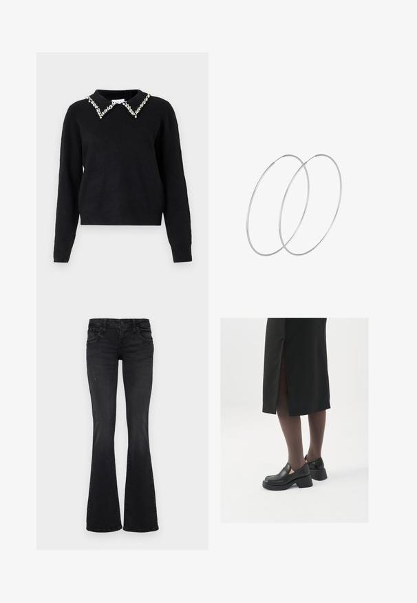 VILA VIPEARL O NECK - Vesta - black; Crne traperice s laganim istrošenjem, prednjim i stražnjim džepovima, zatvaranjem na gumb i dizajnom širokih nogavica.; Crne kožne cipele s zaobljenim vrhom, debelim blok petama i elastičnim bočnim detaljima, uparene s tamnim čarapama i crnom suknjom s prorezom.; Srebrne okrugle naušnice s minimalističkim dizajnom. Kružni oblik, glatka tekstura i tanak profil. Lagane s poliranim završetkom.