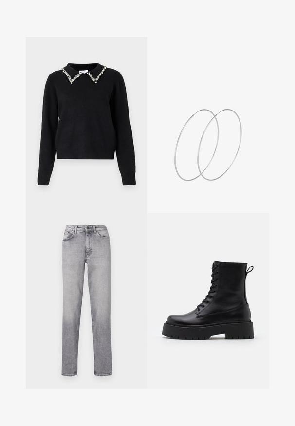 VILA VIPEARL O NECK - Pulover - black; Svetlo sivi traper hlače, zasnovane v ravnem kroju, z petimi žepi, zankami za pas in zapiranjem na gumb in zadrgo.; Črne usnjene gležnjarje z okroglo konico, vezalnim sprednjim delom in debelim gumijastim podplatom z teksturiranim profilom. Zanka na hrbtni strani.; Srebrne uhane v obliki obroča z minimalističnim dizajnom. Krožna oblika, gladka tekstura in tanek profil. Lahki s poliranim zaključkom.
